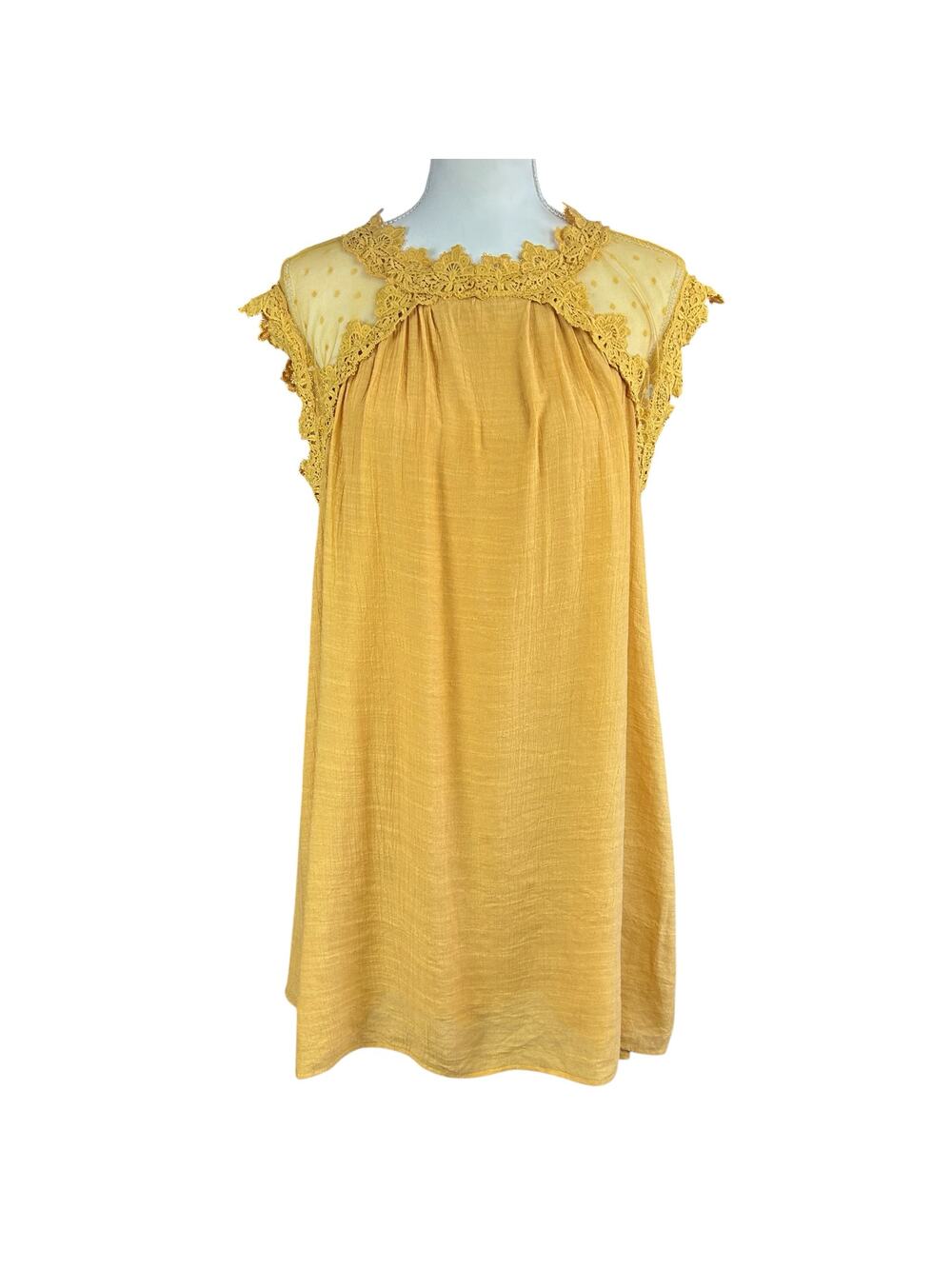 Mi Ami Dress Size Small Mustard Yellow Lace Sheer Accents Lined Retro Gauzy Mini